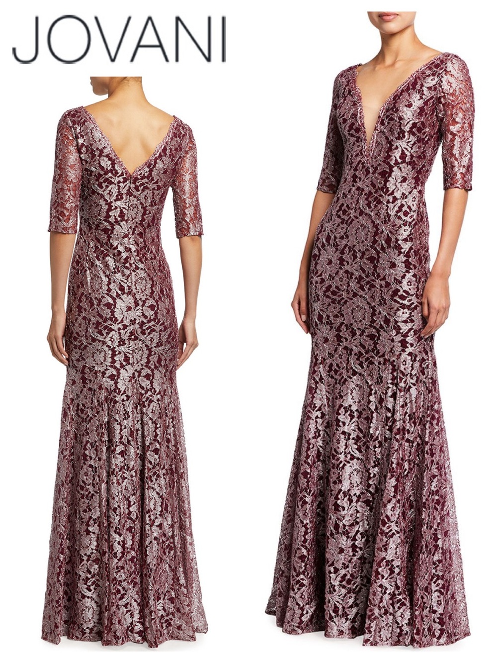 JOVANI Metallic Lace V-Neck Elbow-Sleeve Gown